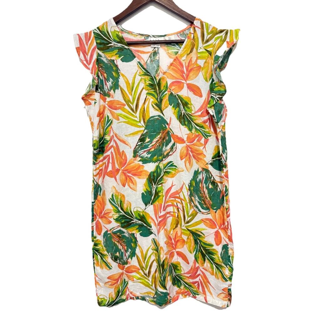 Nicole Miller New York 100% Linen Tropical Dress Small Ruffle Sleeve Resort